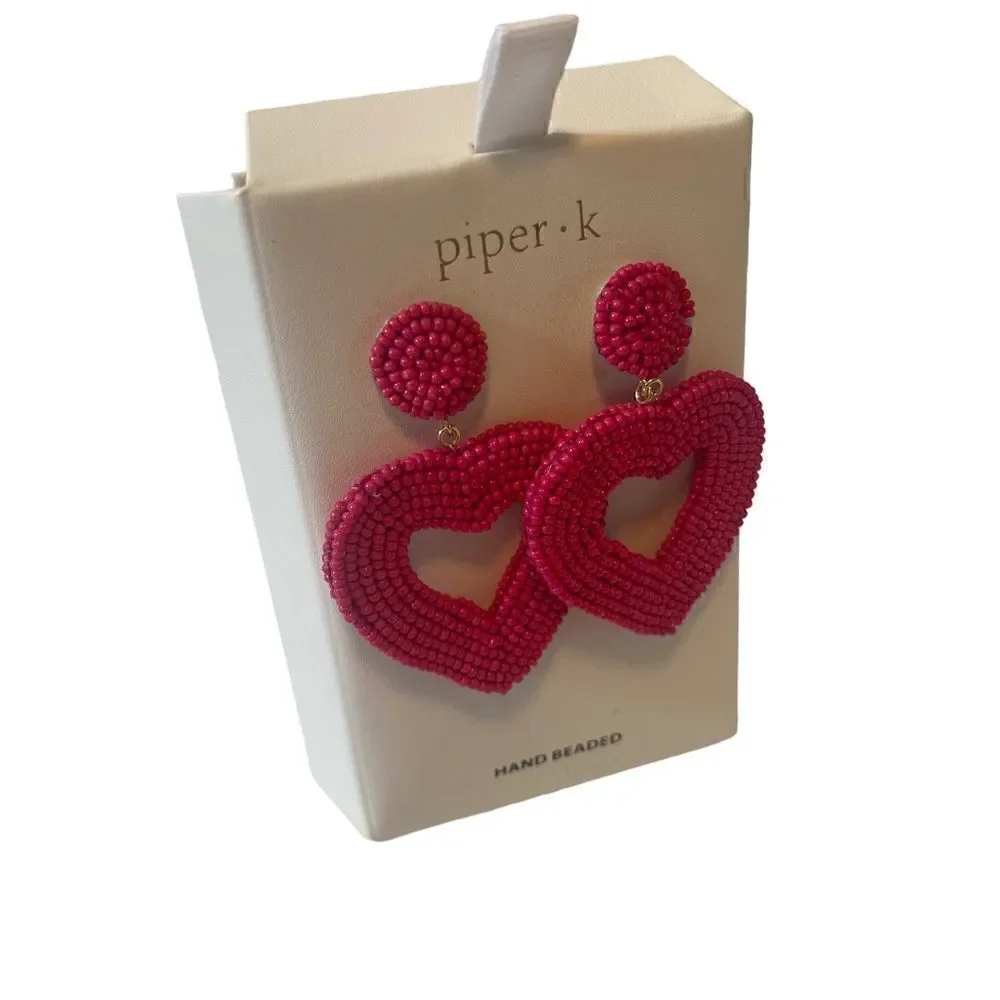 Piper.k Hot Pink Seed Bead Open Heart Drop Earrings.